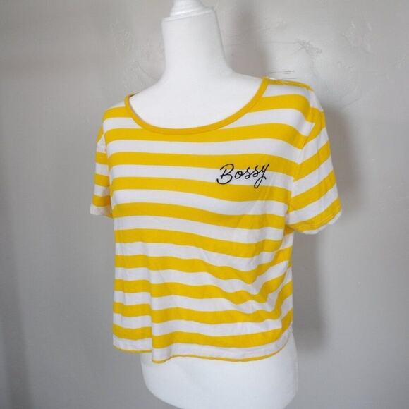 Freeze Crop Tee Juniors XL Yellow/White Striped Loose Fit Top 'Bossy' Graphic - Picture 1 of 8